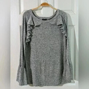 SUPER‎ Soft Grey Lightweight Sweater White Birch  Ruffle Bell Sleeves Size L